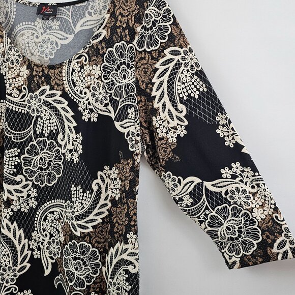 JM Studio Sheath Dress 2X Black Cream Floral Neutral Fall Lightweight Stretch - Picture 6 of 9